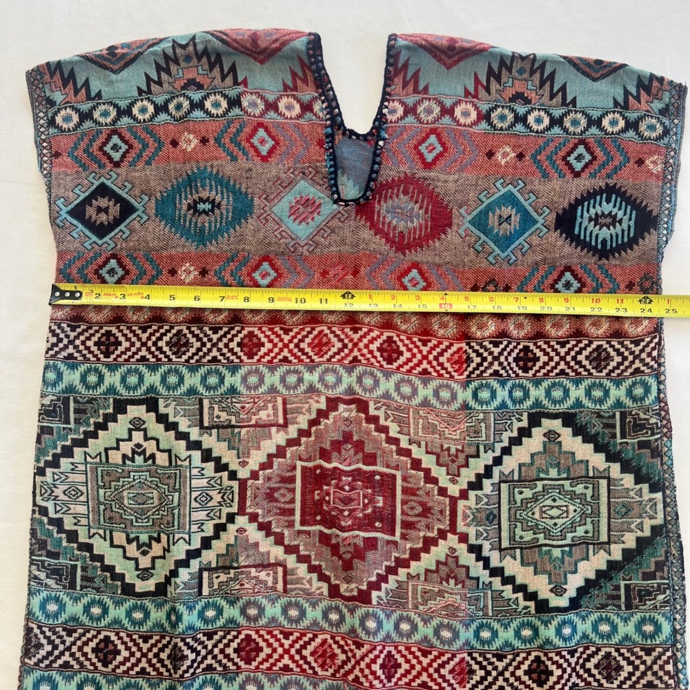 Boho Aztec Geometric Tribal Print Fringed Kaftan Poncho Tunic Top Size M/L - Picture 5 of 8